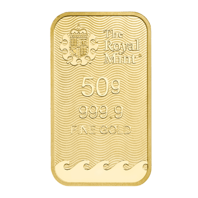 A picture of a 50 gram Britannia Gold Bar